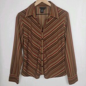 Ninety Womens Button Front Blouse M Brown Orange Dot Stripe Stretch Y2K Retro